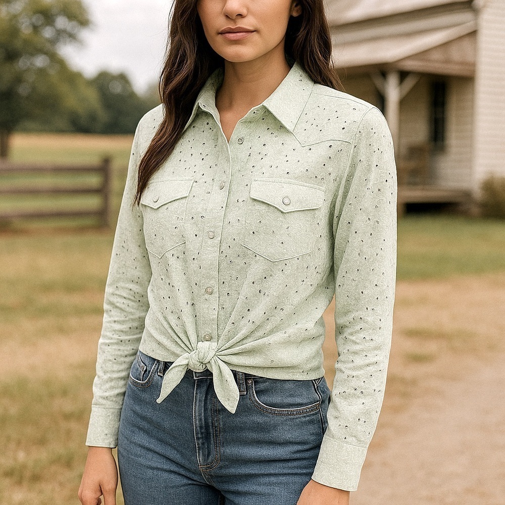 Western Back in the Saddle Mint Green Eyelet Shirt – Size M – 100% Cotton